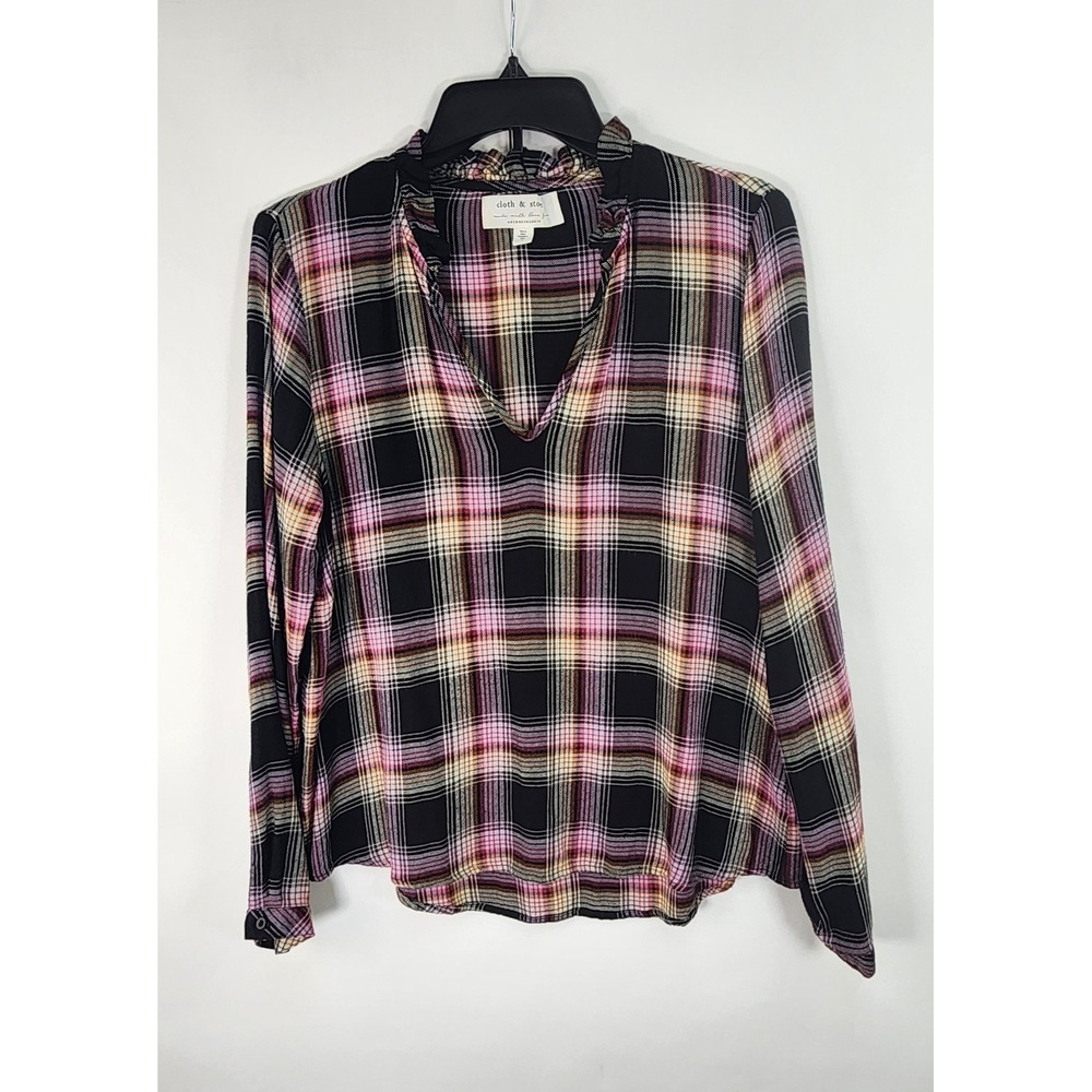 Cloth & Stone Top Women's S Popover Flannel Ruffle Collar Soft Plaid Multicolor